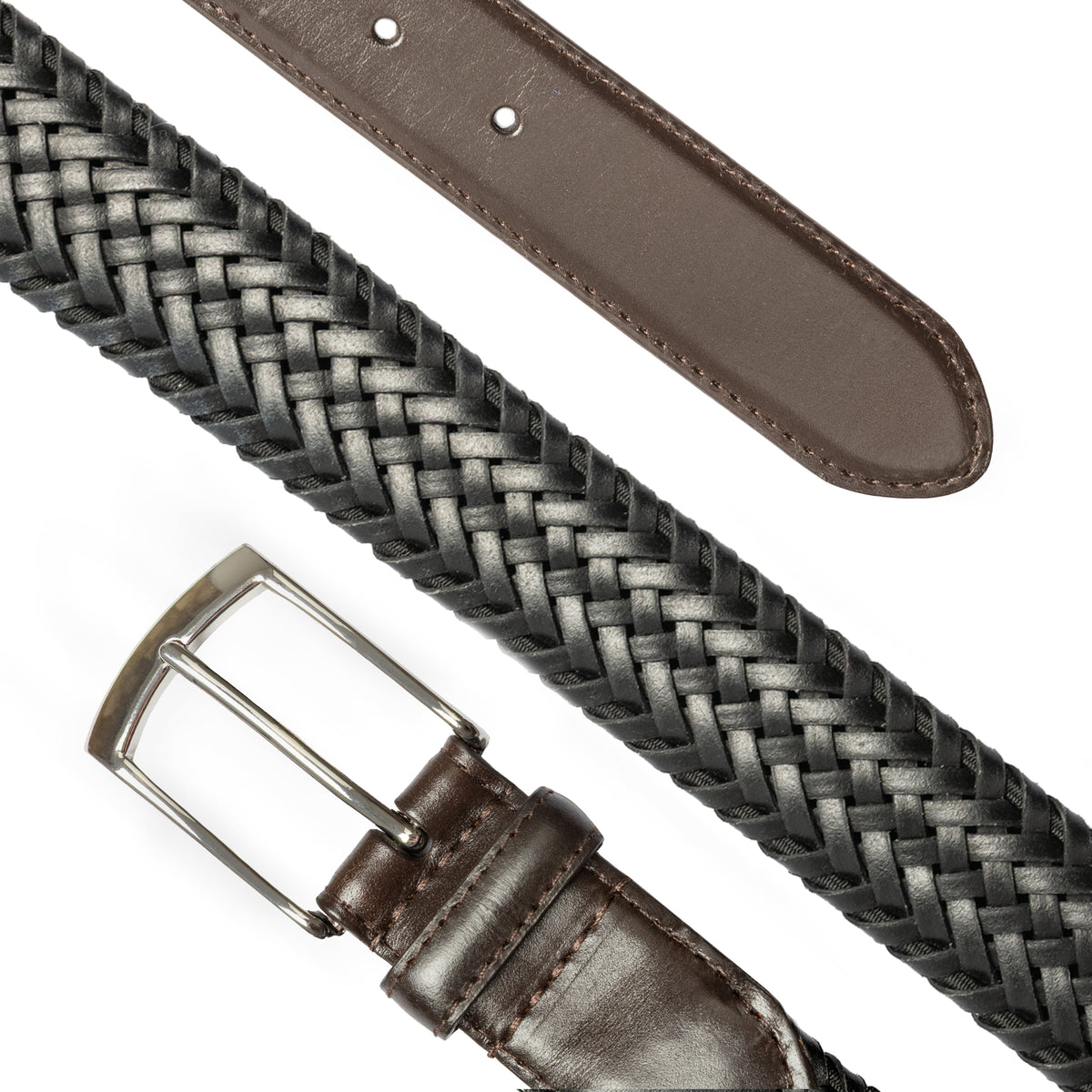 Men's woven leather belt with satin nickel buckle in a diagonal in brown, black.