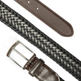 Men's woven leather belt with satin nickel buckle in a diagonal in brown, black.