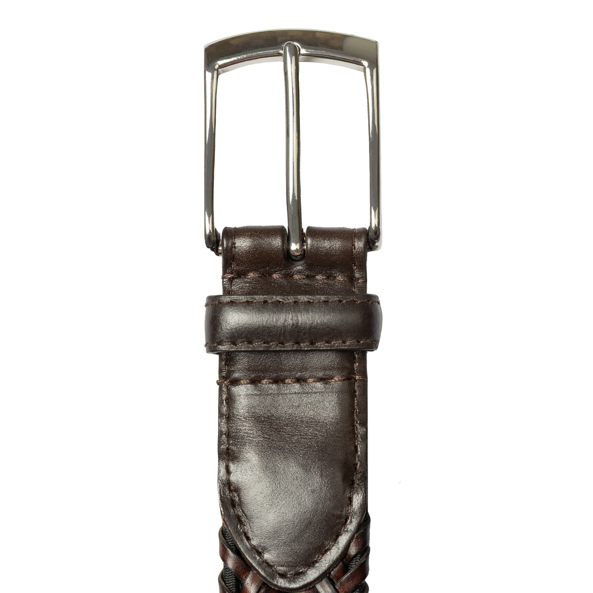 Men's woven leather belt with satin nickel buckle, close up buckle.