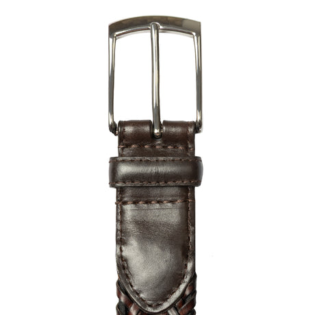 Men's woven leather belt with satin nickel buckle, close up buckle.