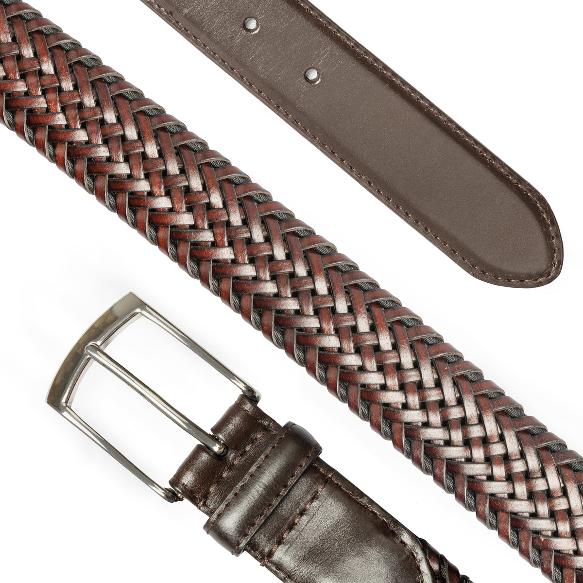 Men's woven leather belt with satin nickel buckle in a diagonal in brown.