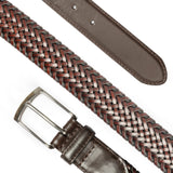Men's woven leather belt with satin nickel buckle in a diagonal in brown.