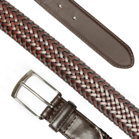 Men's woven leather belt with satin nickel buckle in a diagonal in brown.