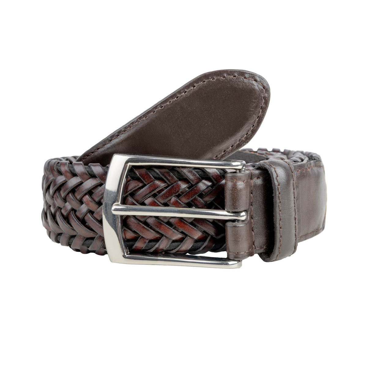 Men's woven leather belt with satin nickel buckle in a loop in brown.