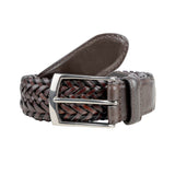 Men's woven leather belt with satin nickel buckle in a loop in brown.