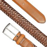 Men's woven leather belt with satin nickel buckle in a diagonal in tan.