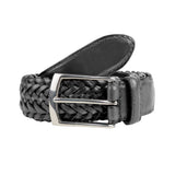 Men's woven leather belt with satin nickel buckle in black.