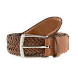 Men's woven leather belt with satin nickel buckle in tan.