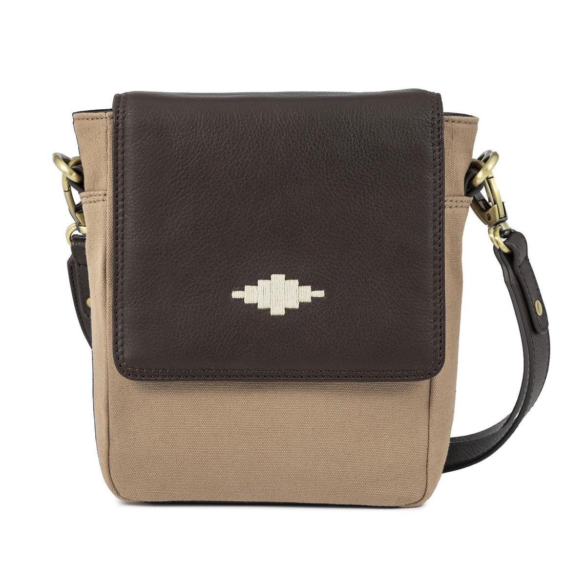 PAMPEANO Bandolera crossbody bag - brown leather and sand canvas