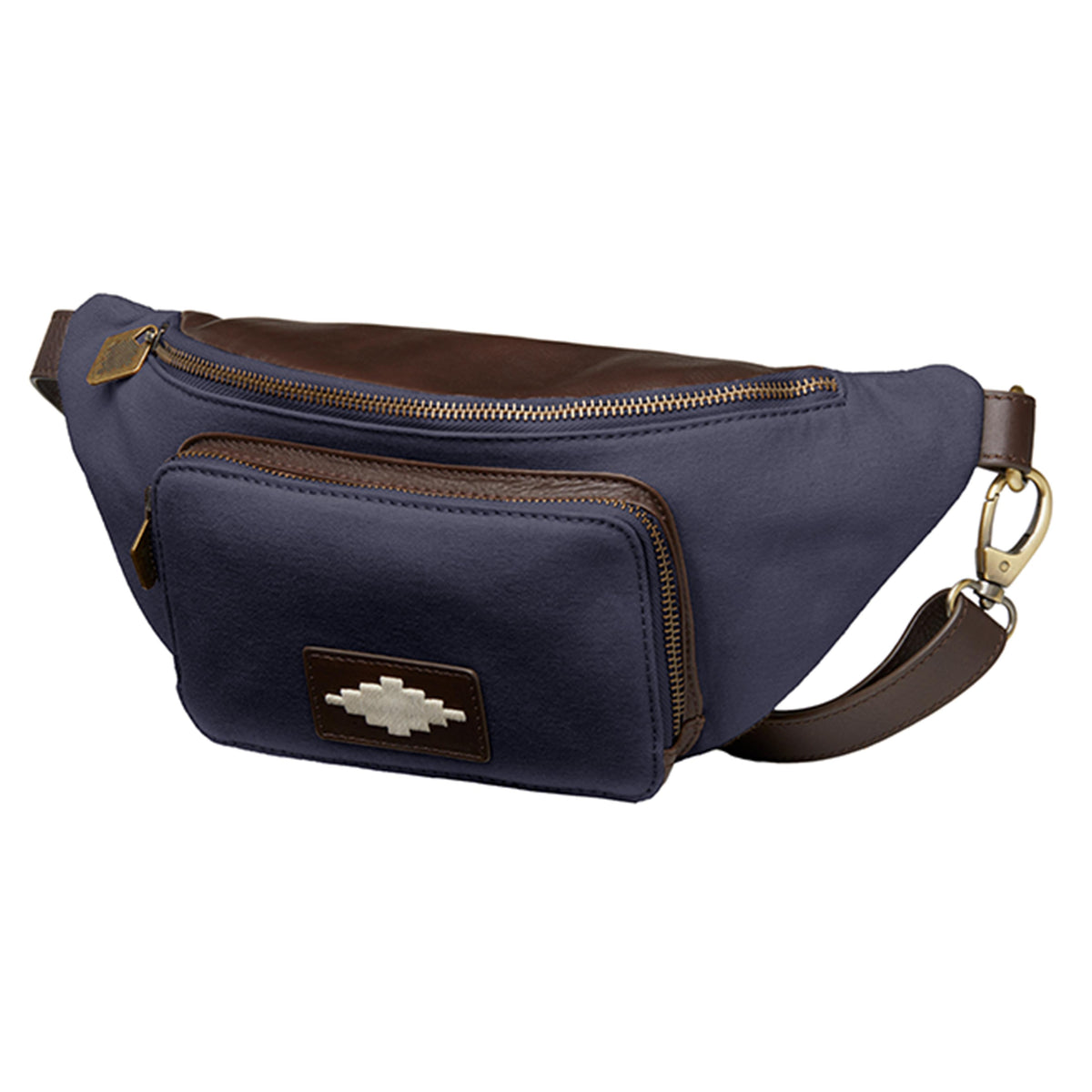 PAMPEANO Rinonera crossbody bag - brown leather and navy canvas