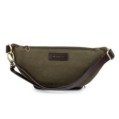 PAMPEANO Rinonera crossbody bag - brown leather and forest canvas – handcrafted material and construction detail