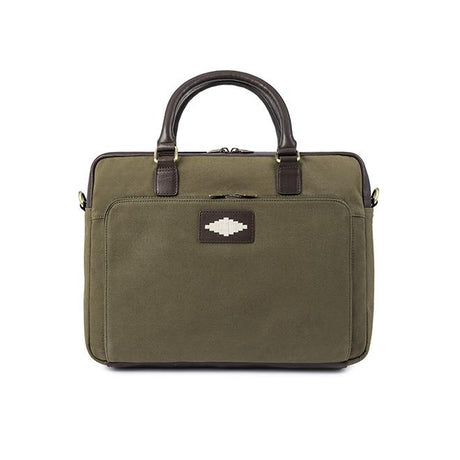 PAMPEANO Mensajero briefcase - brown leather and forest canvas – handcrafted material and construction detail