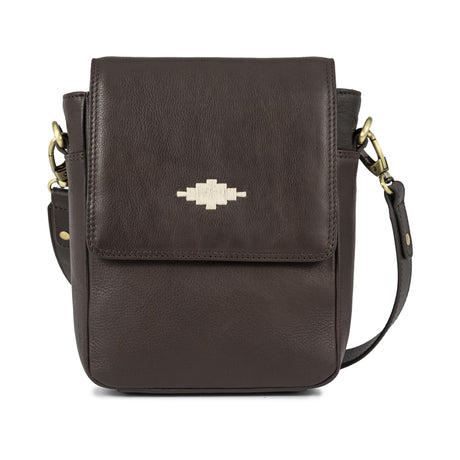 PAMPEANO Bandolera crossbody bag - brown leather with cream stitching – front product view
