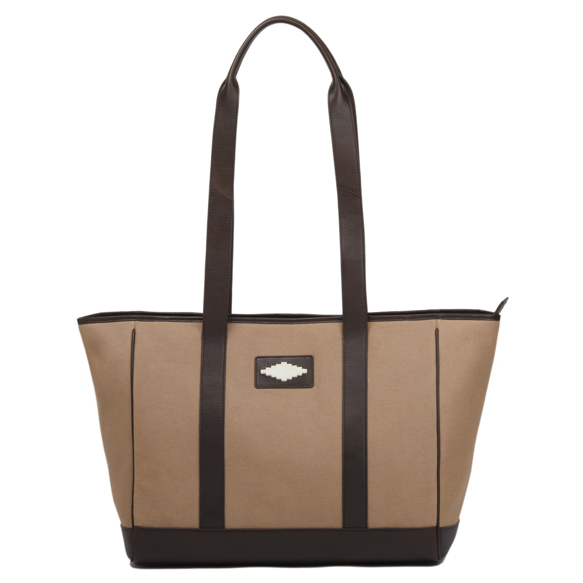 PAMPEANO Bolso tote bag - brown leather and sand canvas with cream stitching – front product view