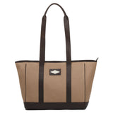 PAMPEANO Bolso tote bag - brown leather and sand canvas with cream stitching – front product view