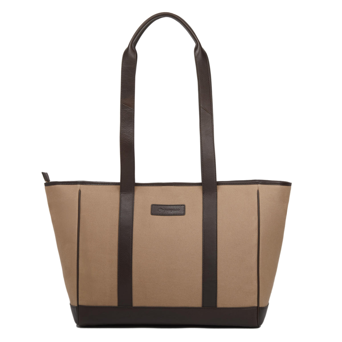 PAMPEANO Bolso tote bag - brown leather and sand canvas with cream stitching – handcrafted material and construction detail