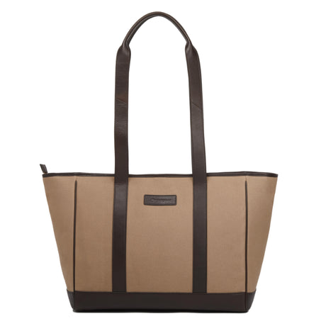 PAMPEANO Bolso tote bag - brown leather and sand canvas with cream stitching – handcrafted material and construction detail