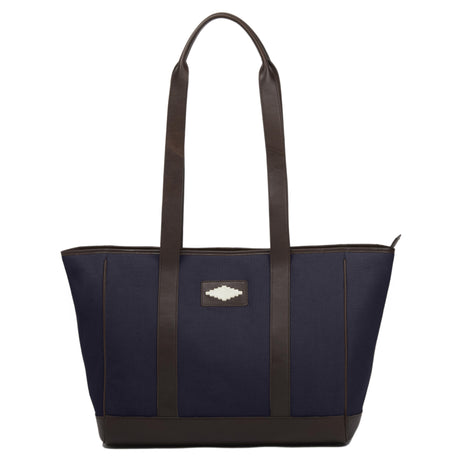 PAMPEANO Bolso tote bag - brown leather and navy canvas with cream stitching – front product view