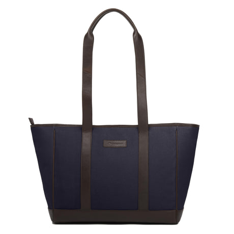 PAMPEANO Bolso tote bag - brown leather and navy canvas with cream stitching – handcrafted material and construction detail