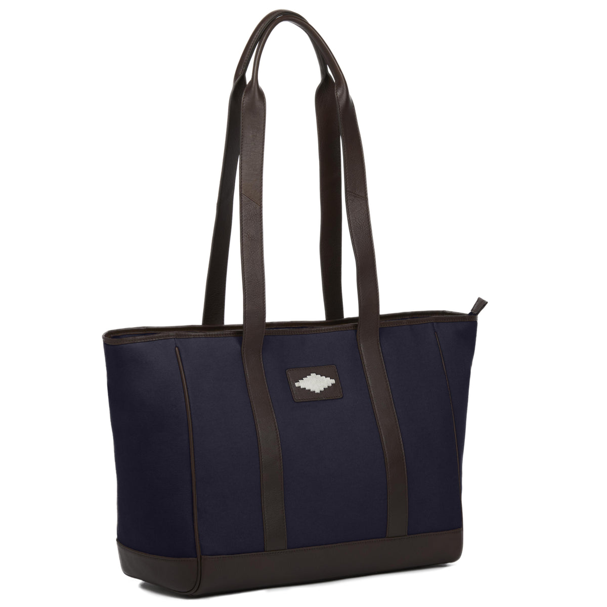 PAMPEANO Bolso tote bag - brown leather and navy canvas with cream stitching - image 5