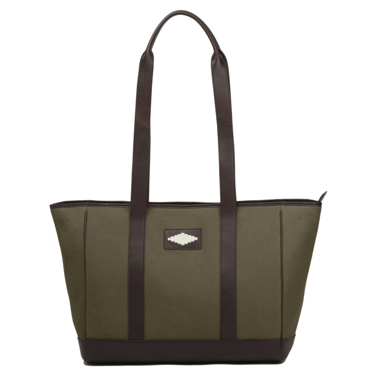 PAMPEANO Bolso tote bag - brown leather and forest canvas with cream stitching