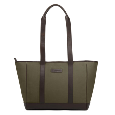 PAMPEANO Bolso tote bag - brown leather and forest canvas with cream stitching – handcrafted material and construction detail