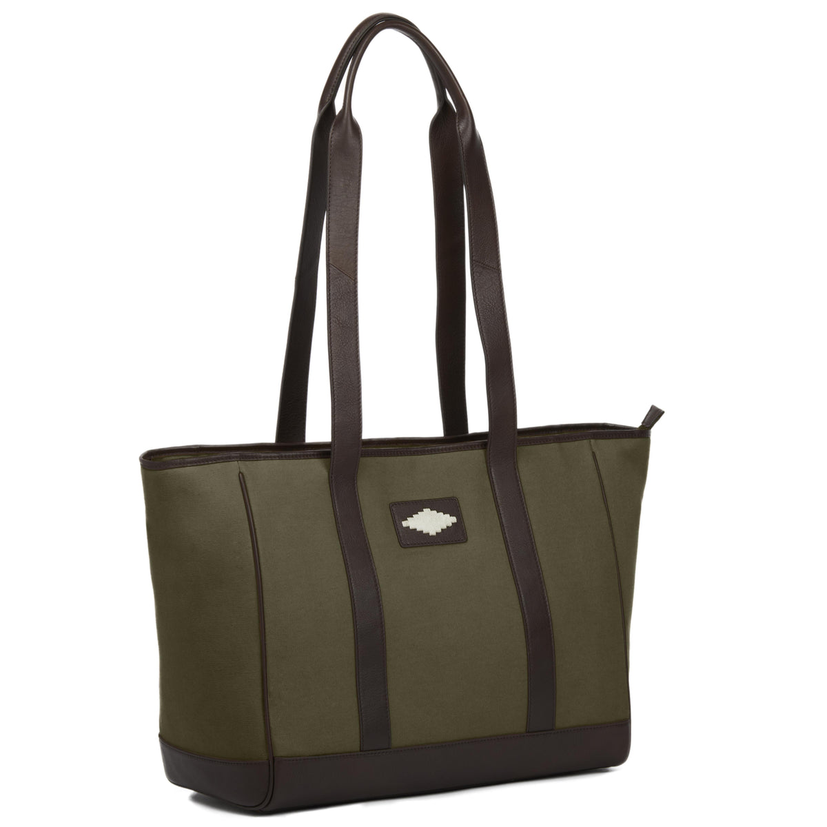 PAMPEANO Bolso tote bag - brown leather and forest canvas with cream stitching - image 5
