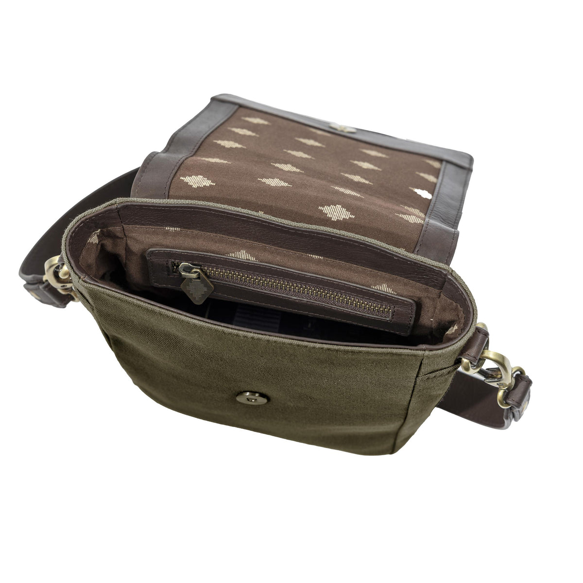 PAMPEANO Bandolera crossbody bag - brown leather and forest canvas - image 3