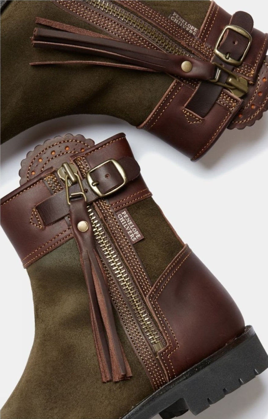 PENELOPE CHILVERS Inclement Cropped Tassel Boots - Womens Waterproof Suede - Seaweed/Conker