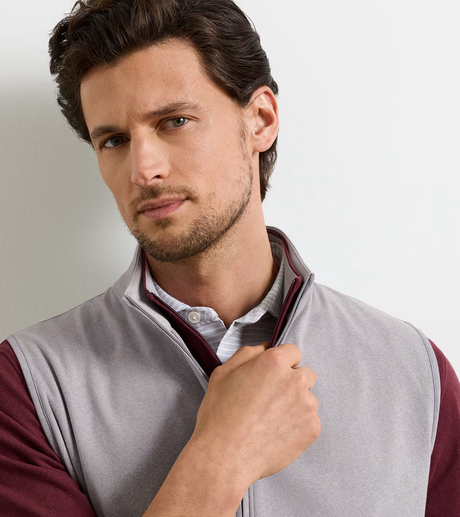 Peter Millar Ardent Air Performance Full-Zip Gilet in Gale Grey - front collar and zip detail
