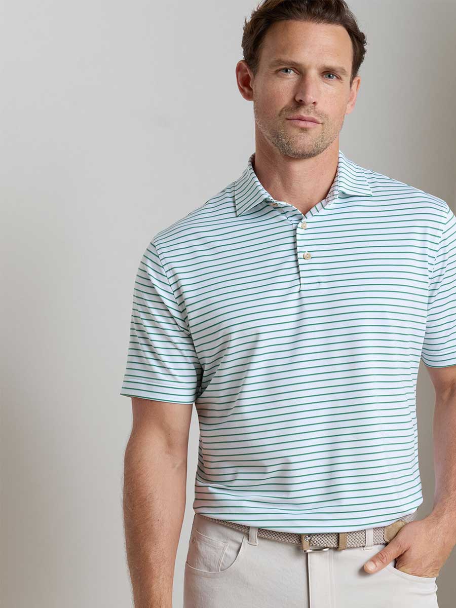 PETER MILLAR Dunnes Stripe Performance Jersey Polo Shirt – Men’s Classic Fit – White / Snow Pea