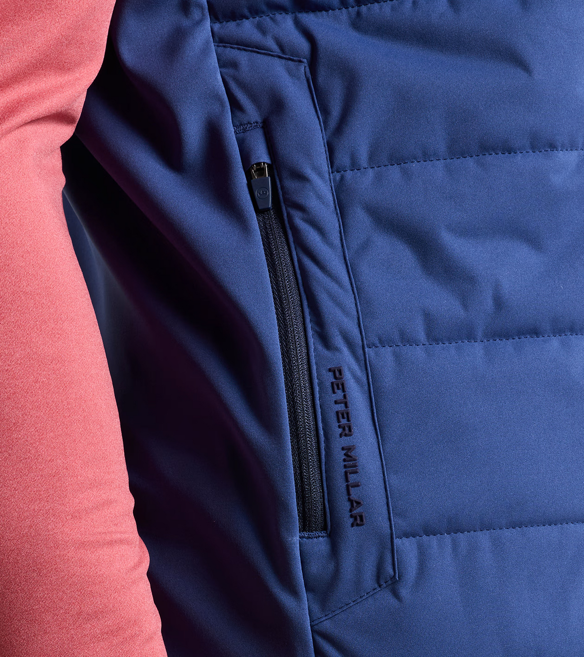 Peter Millar Fuse Hybrid Gilet in Sport Navy - zipped pocket detail