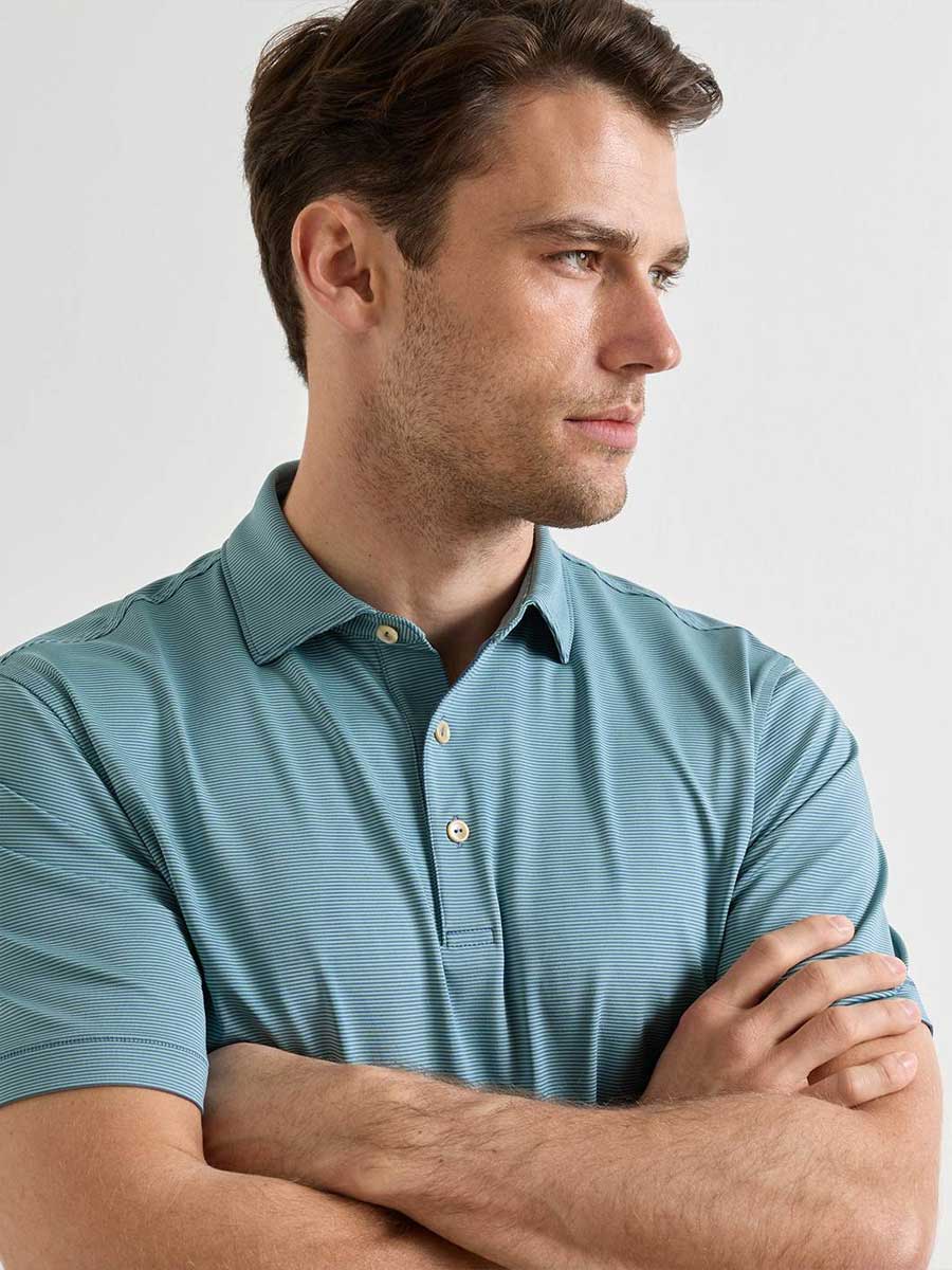 PETER MILLAR Jubilee Stripe Performance Jersey Polo Shirt – Men’s Classic Fit – Bali Blue / Fresh Mint