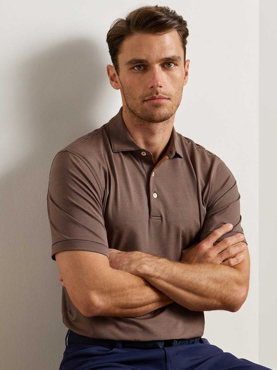 PETER MILLAR Jubilee Stripe Performance Jersey Polo Shirt – Men’s Classic Fit – Navy / Dark Amber