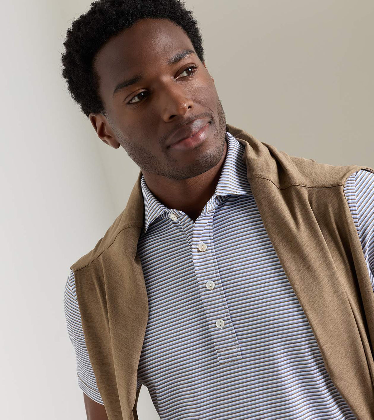 Peter Millar Rondo Performance Jersey Polo in White / Light Mocha - view 5