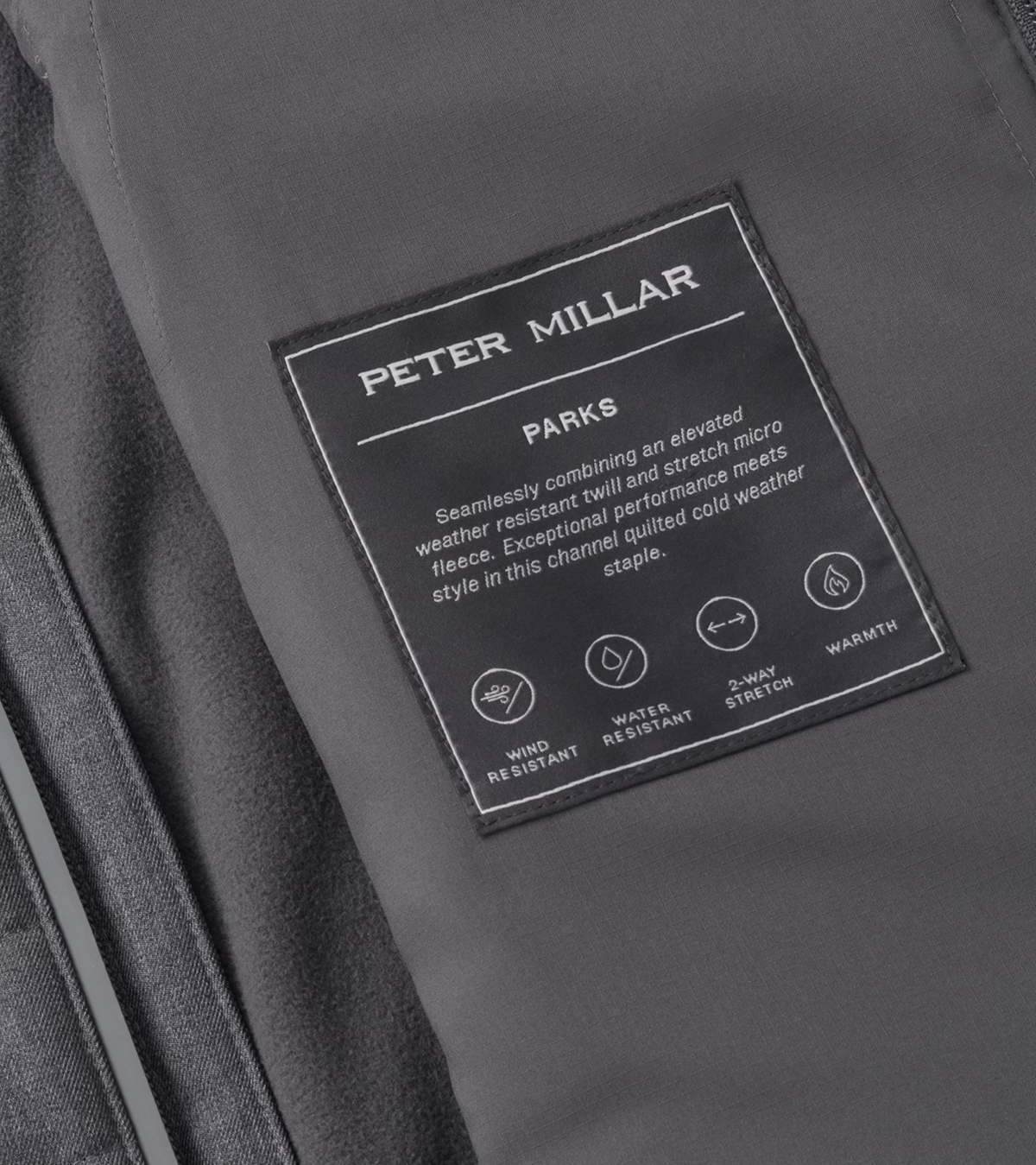 Peter Millar Parks Hybrid Gilet in Iridium - internal performance label detail