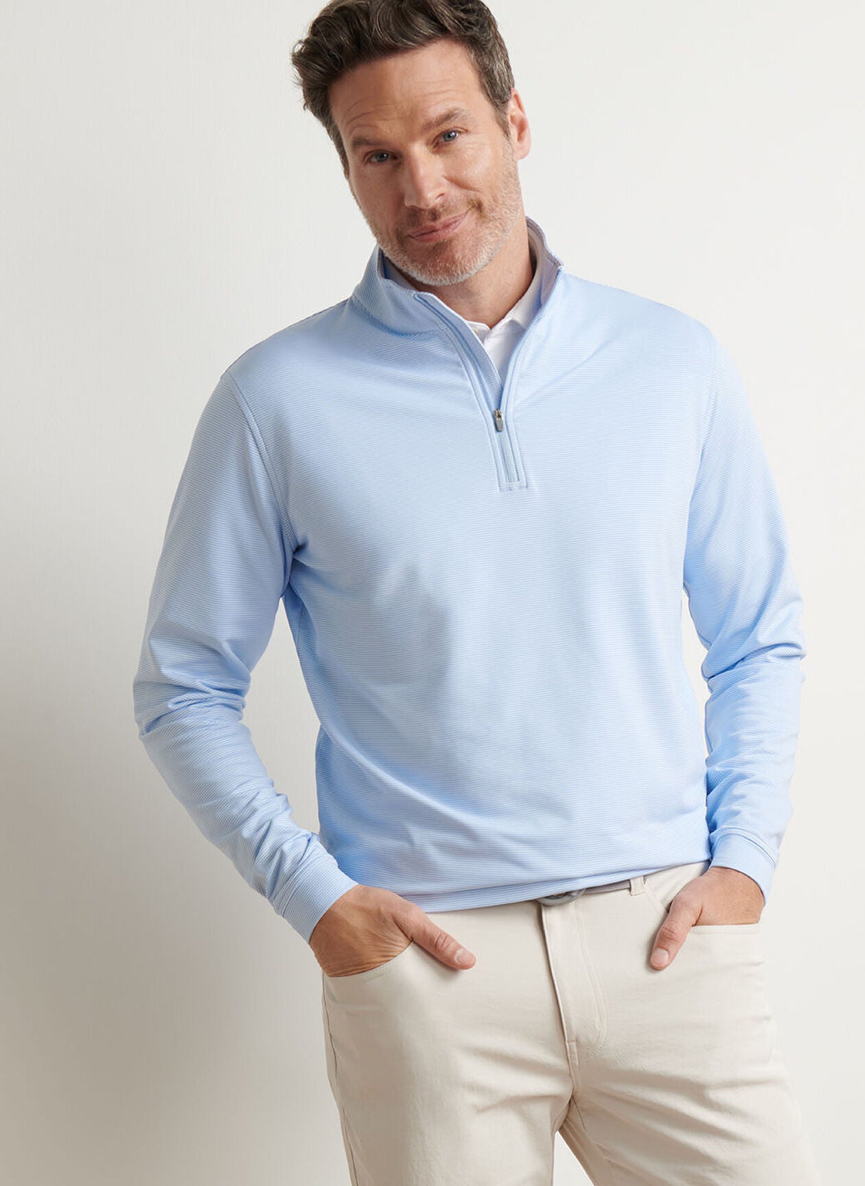 PETER MILLAR Perth Sugar Stripe Performance Quarter Zip Sweater - Mens - Cottage Blue / White