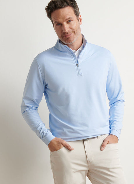 PETER MILLAR Perth Sugar Stripe Performance Quarter Zip Sweater - Mens - Cottage Blue / White