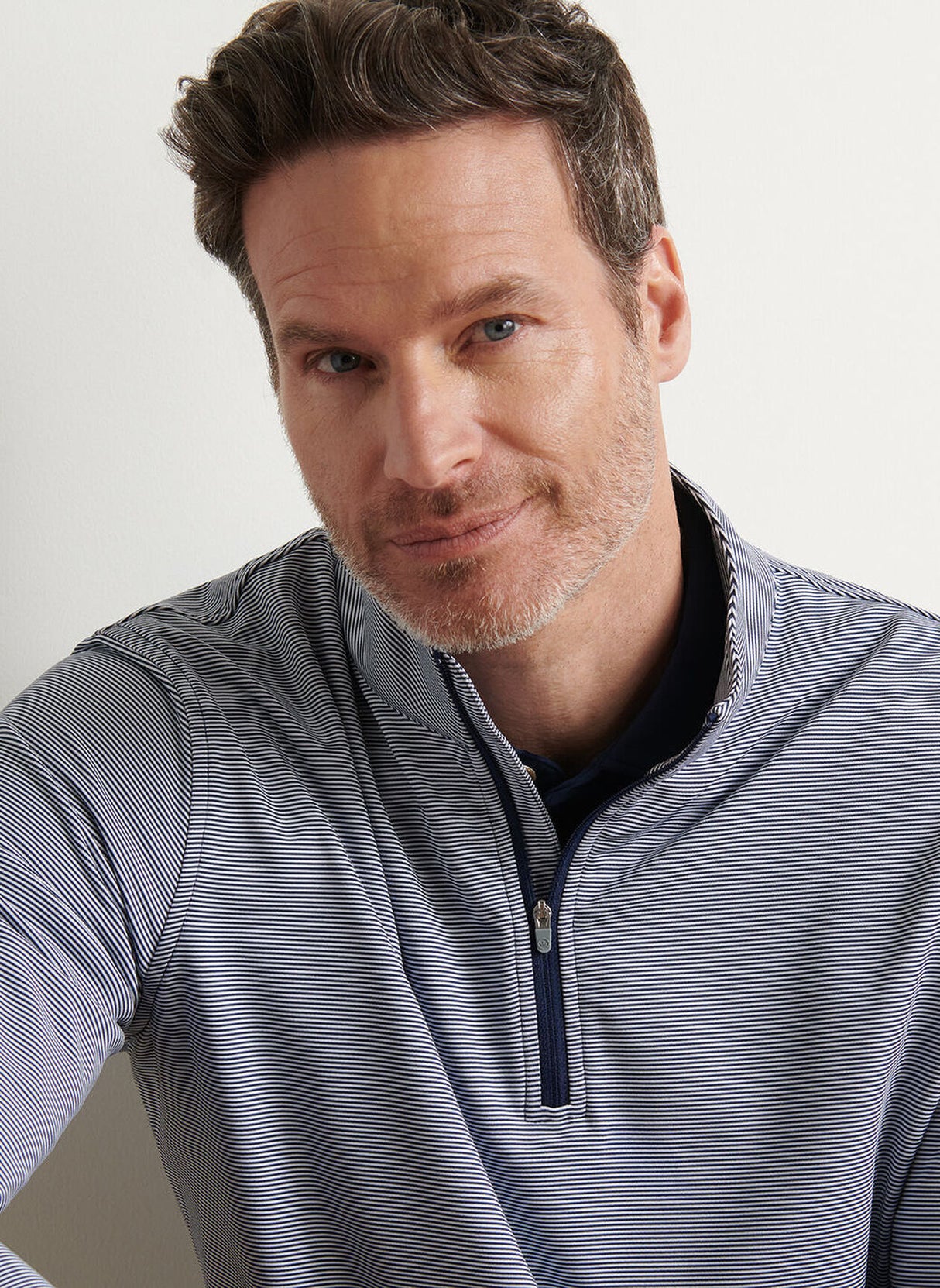 PETER MILLAR Perth Sugar Stripe Performance Quarter Zip Sweater - Mens - Navy / White