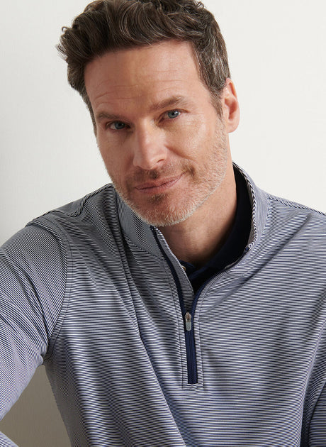 PETER MILLAR Perth Sugar Stripe Performance Quarter Zip Sweater - Mens - Navy / White