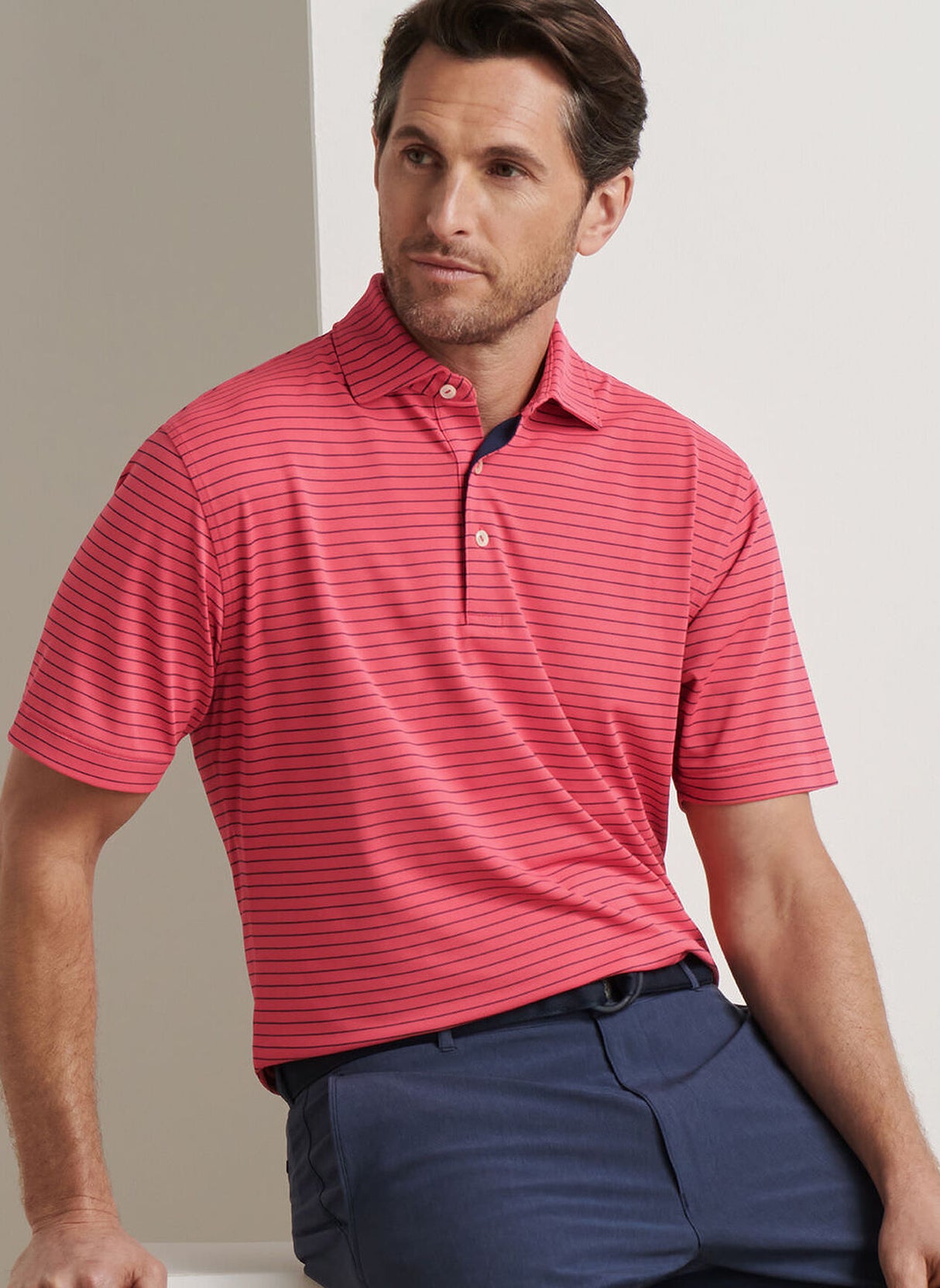 PETER MILLAR Winston Stripe Performance Mesh Polo Shirt – Men’s Classic Fit – Tango Pink
