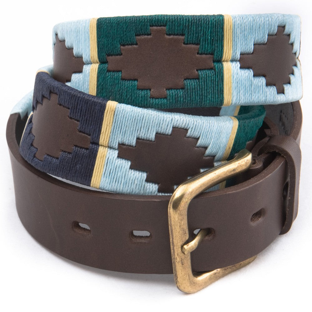 Pioneros - Argentinian Polo Belt 156 Green/Pale Blue/Navy with Cream Stripe