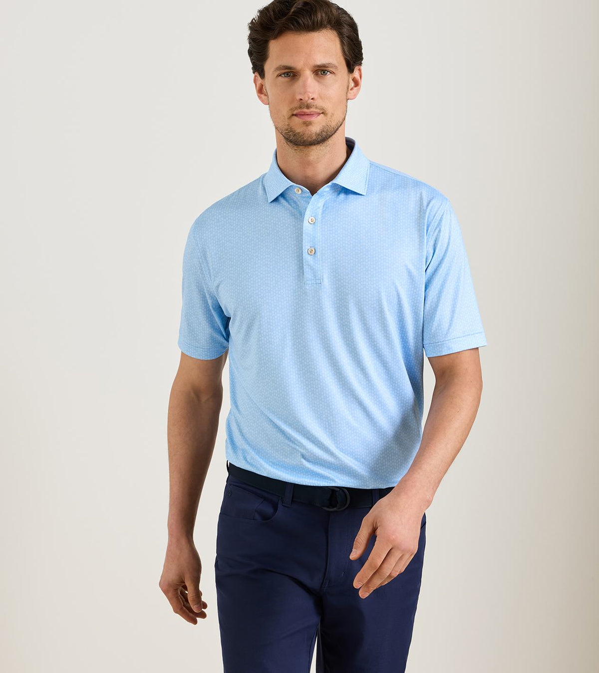 Peter Millar 25th Anniversary Performance Jersey Polo in Cottage Blue - model front view