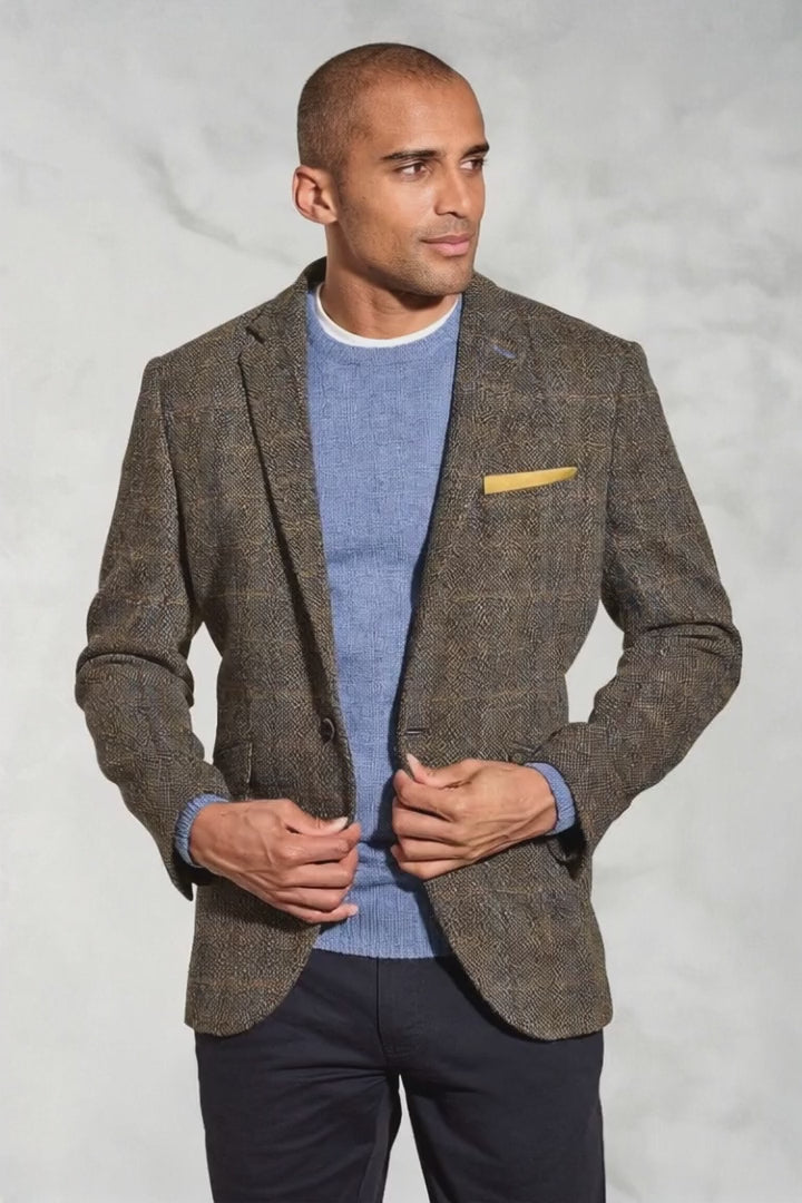 HARRIS TWEED Sumburgh Tailored Fit Jacket - Mens - Green & Blue Herringbone Check