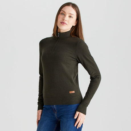 Ridgeline women's Melford Knit 1/4 Zip Deep Forest, three-quarter view