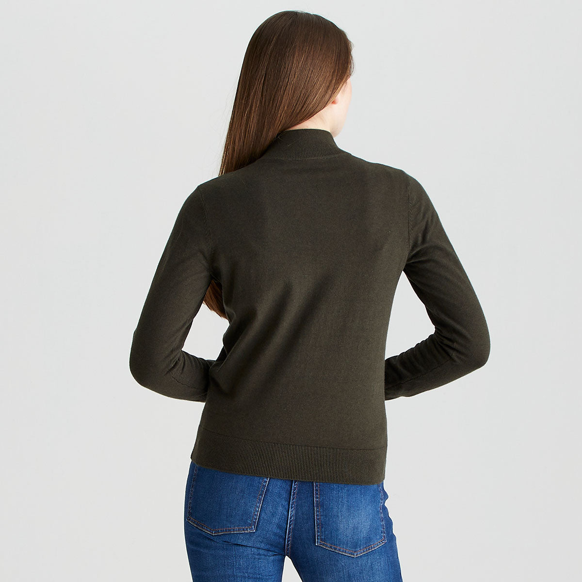 Ridgeline women's Melford quarter zip knit in Deep Forest, back view