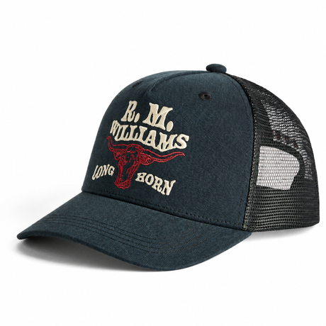 RM Williams Longhorn Trucker Cap in Black Wash – front three-quarter view
