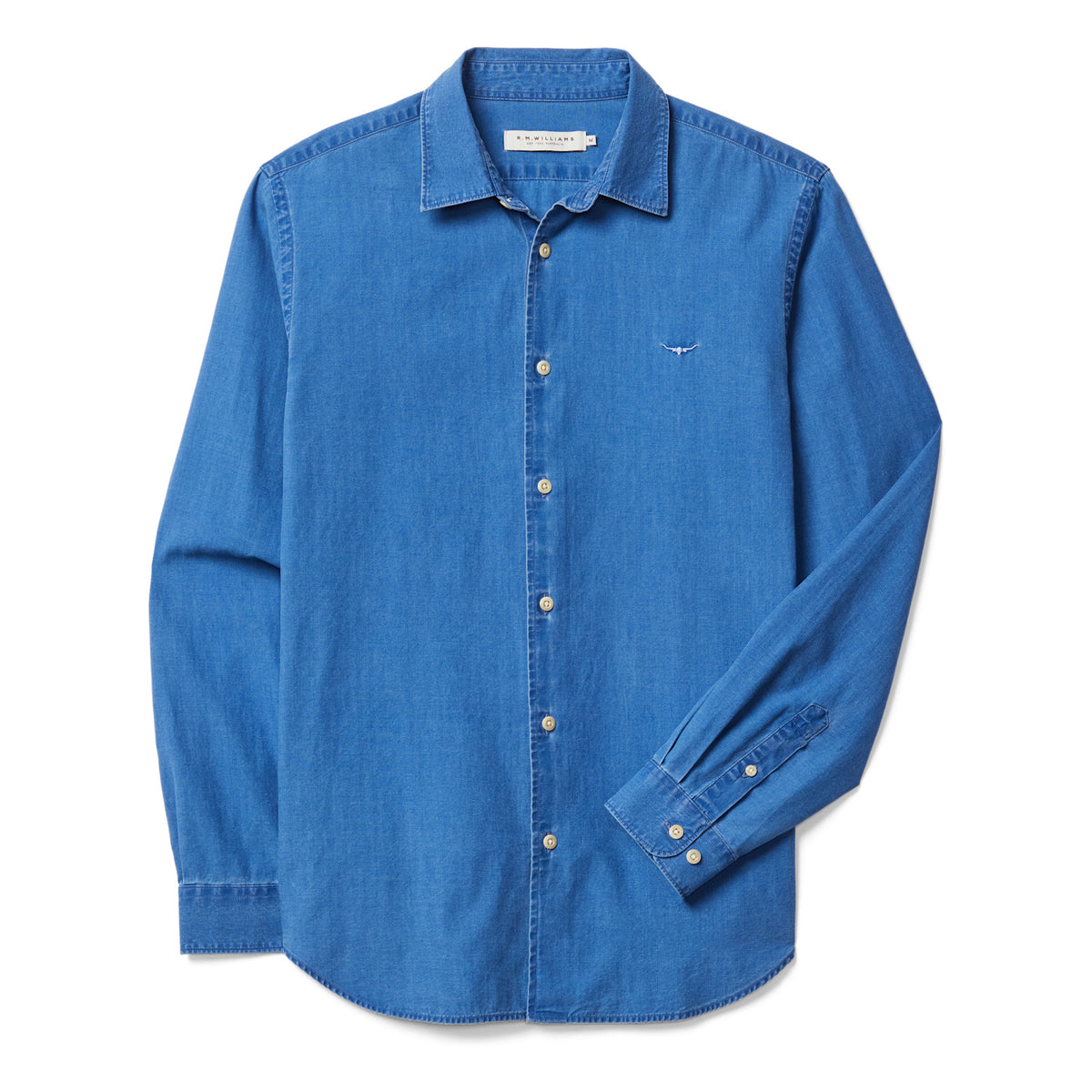 RM Williams Arno indigo shirt in aged indigo, front product view