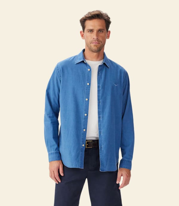 RM Williams Arno indigo shirt in aged indigo, front fit on model