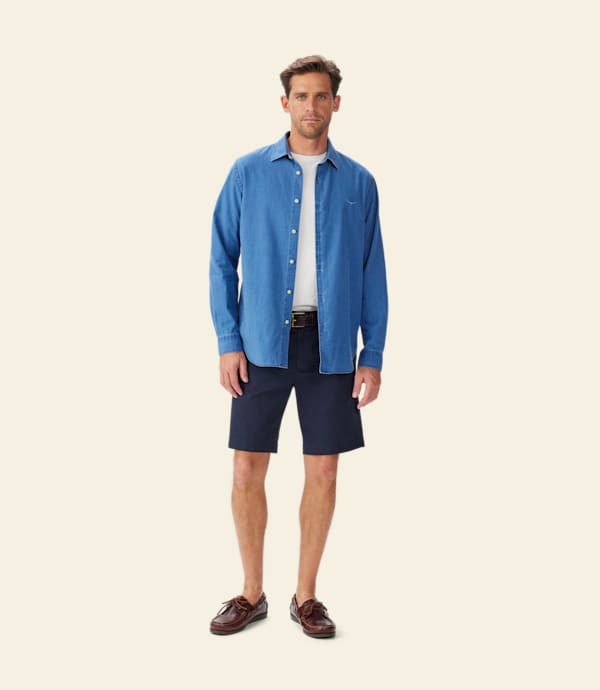 RM Williams Arno indigo shirt in aged indigo, full outfit on model